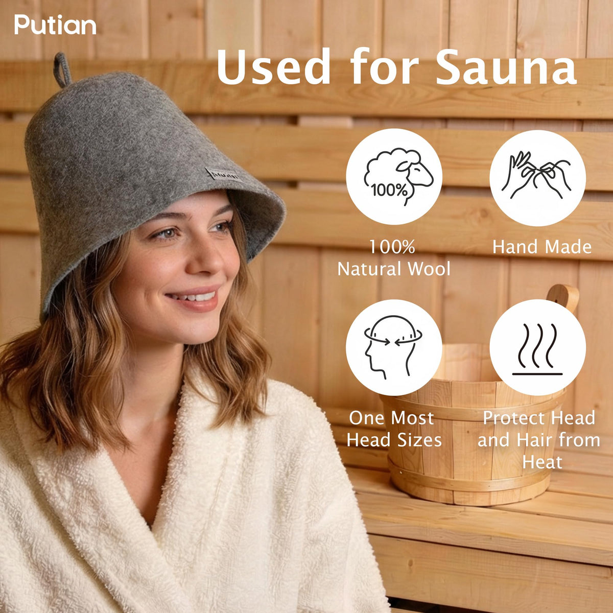 PuTian merino wool sauna hat gray head-on fit for steam room