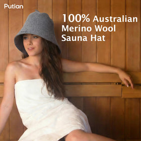 PuTian merino wool sauna hat gray in steam room usage scenario