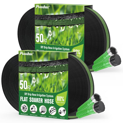 PUUKU flat soaker hose 100ft shows water-saving design for efficient garden irrigation.