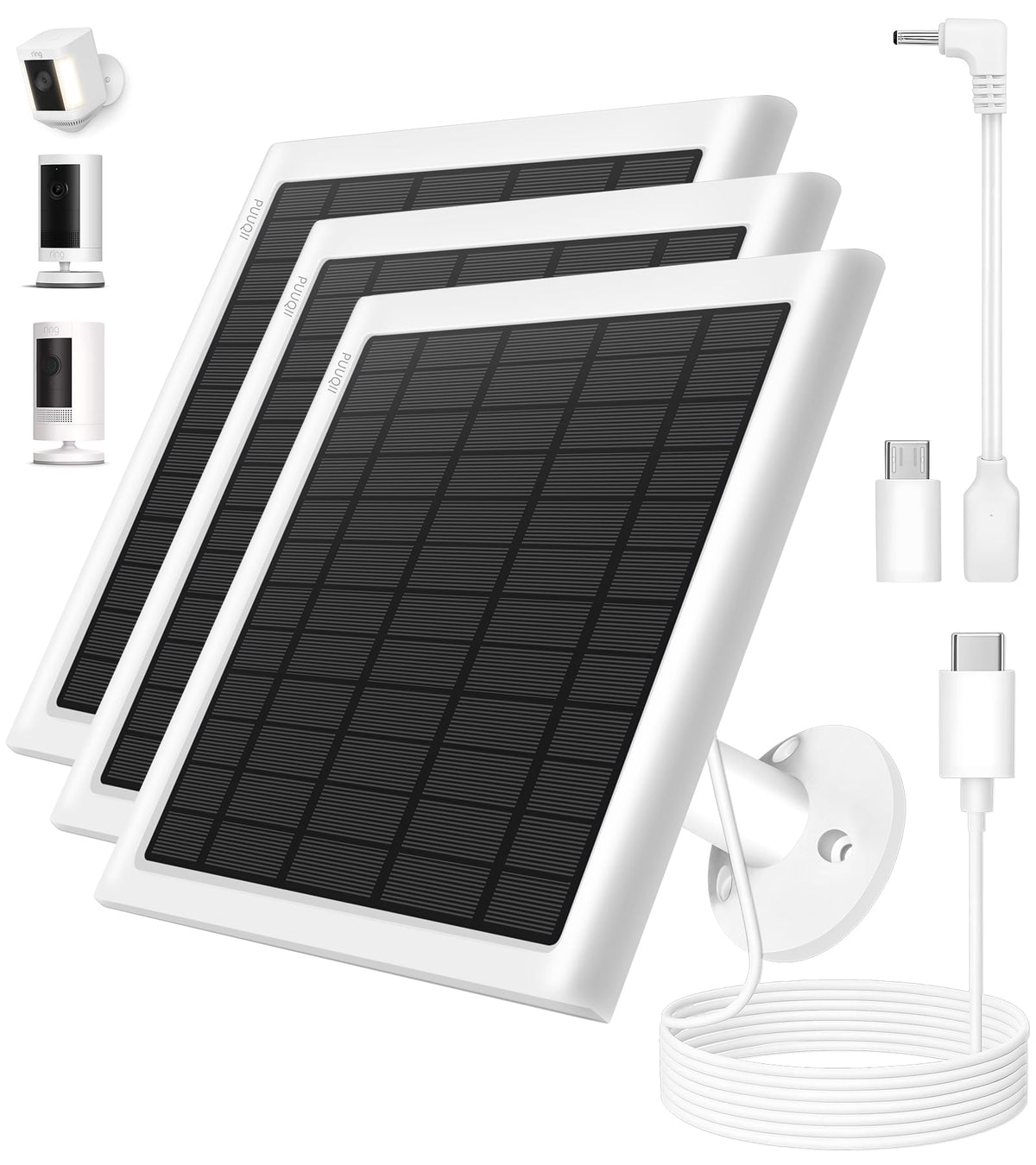 PUUQII 8W solar panel mounted on Ring Stick Up Cam for continuous charging in daylight