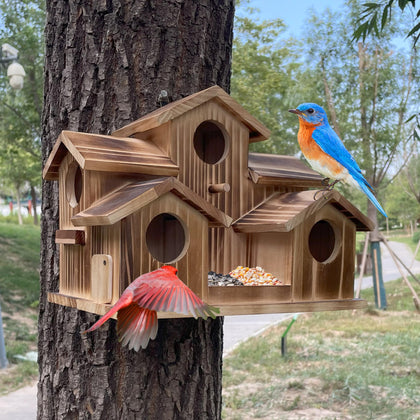 Puyikes 5-hole outdoor bird house invites multiple bird families to nest