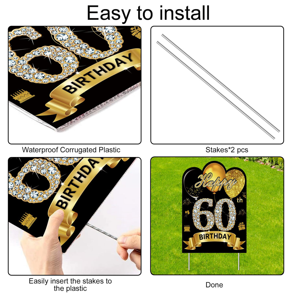 Puyruiv 60th yard sign made of thick cardboard resists wind and rain for lasting outdoor use.