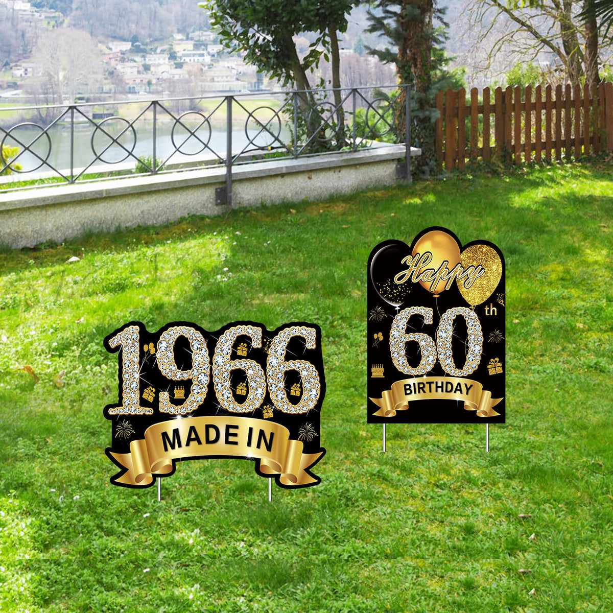 Puyruiv 60th yard sign creates immersive ambiance on a lawn or garden setting.
