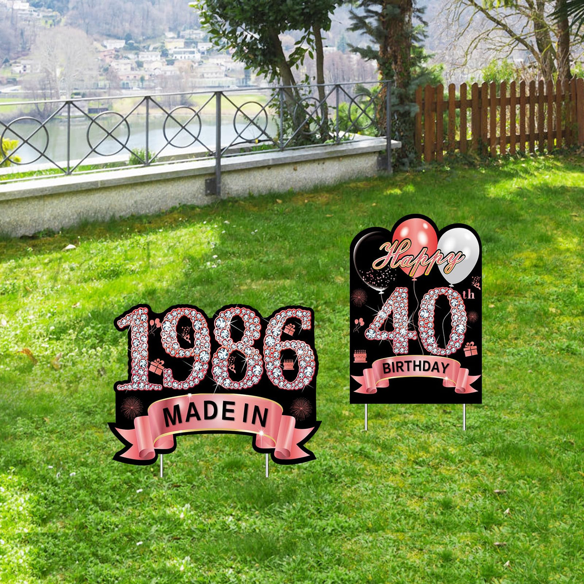 Puyruiv 1986 motif yard sign features sparkling numbers.