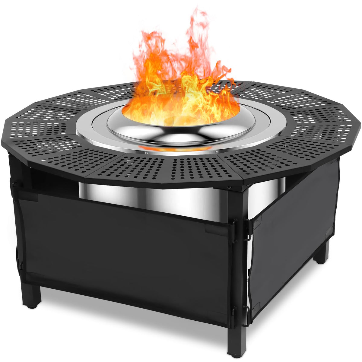 Puzau 360 safety surround table top shields hands near the fire pit
