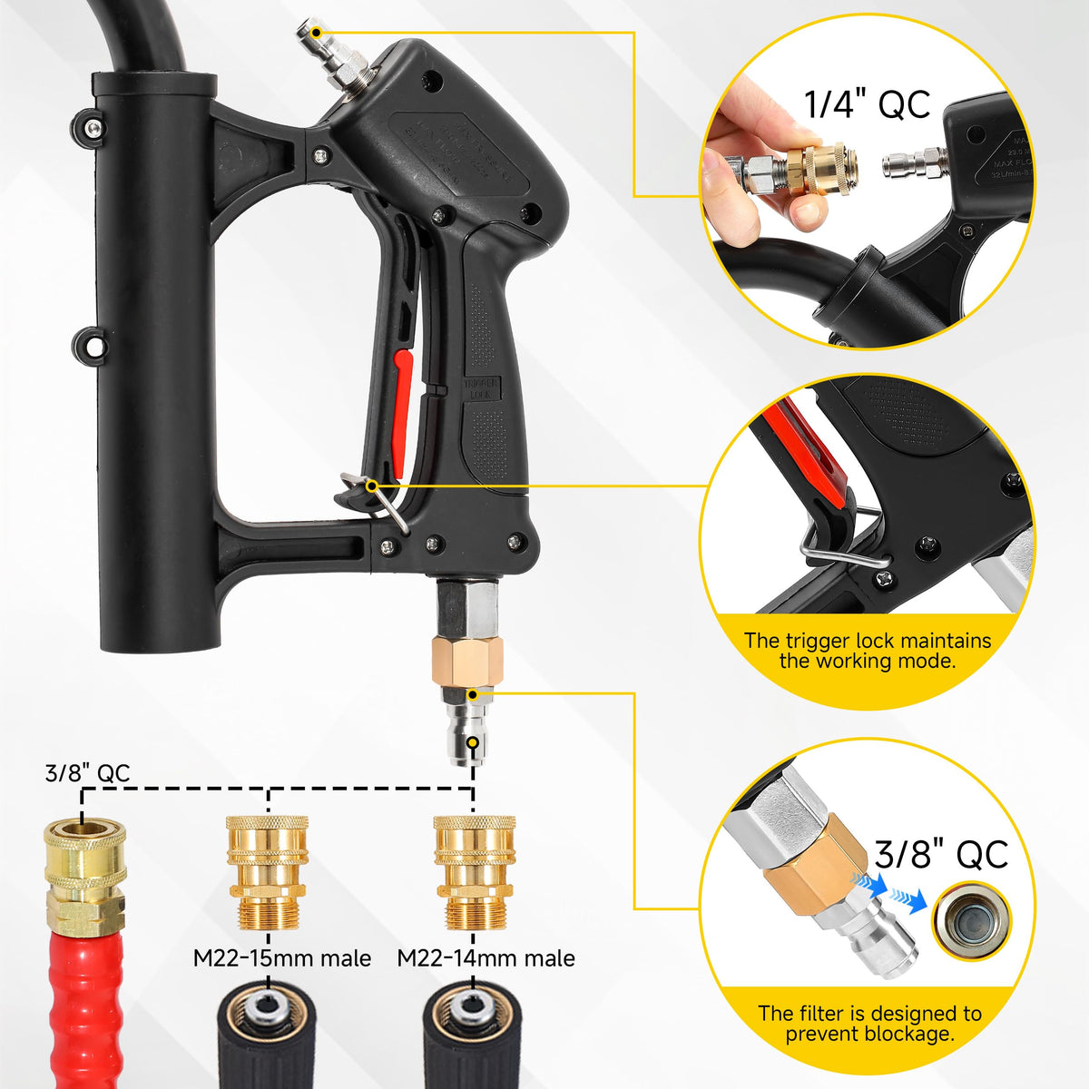 PWACCS trigger-lock feature maintains continuous water flow for steady cleaning.