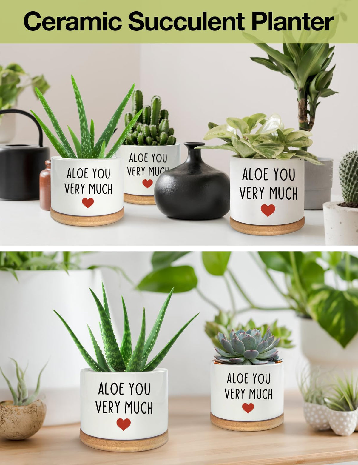 PWHINGN white ceramic planter with bamboo tray protecting surfaces