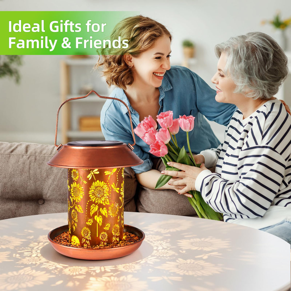 PWOOME garden gift: sunlit lantern bird feeder for yards and patios.