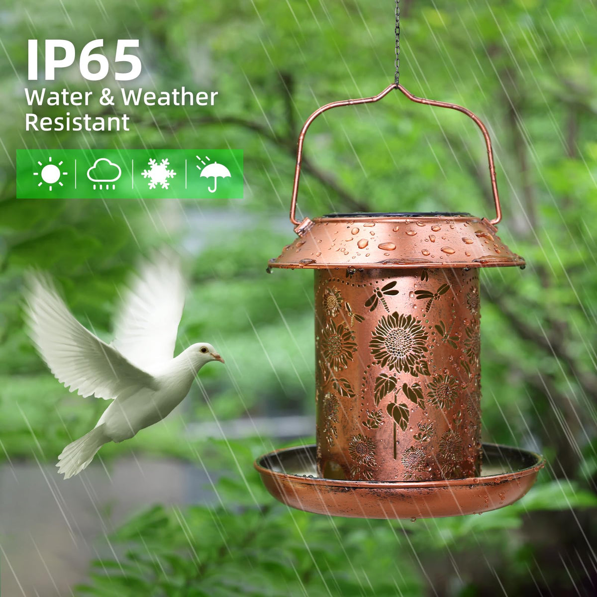 PWOOME metal bird feeder with rust-proof coating withstands weather.