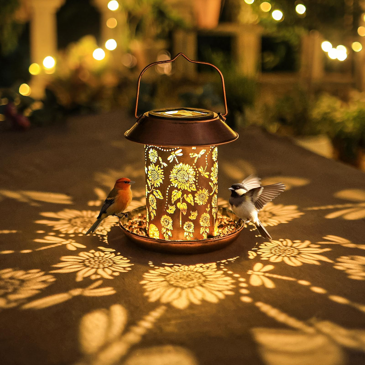 PWOOME solar-powered bird feeder lights up yards at night.