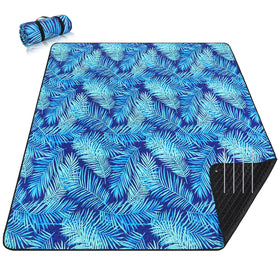 PY SUPER MODE picnic blanket with blue leaves pattern, open for family outdoor dining and lounging.