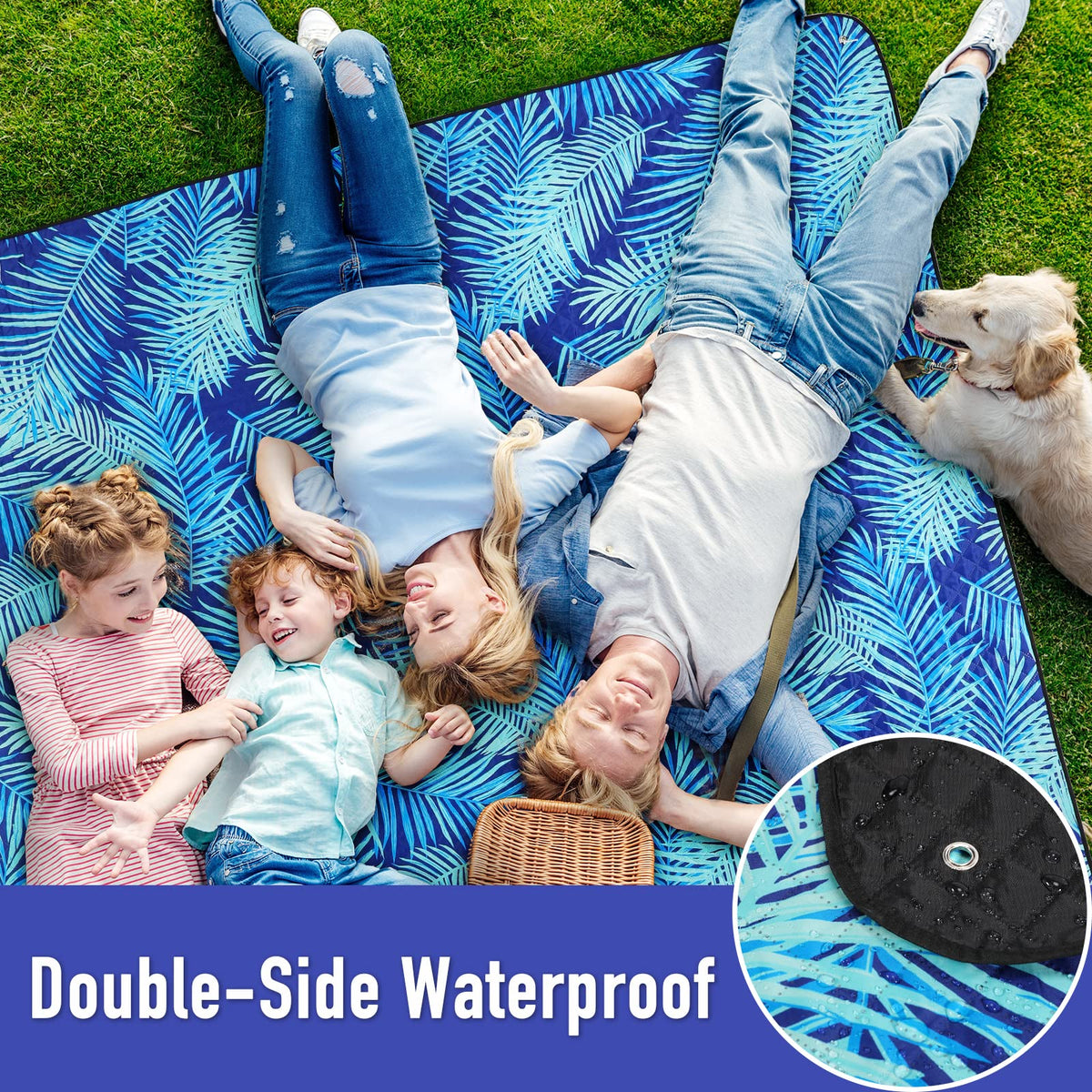 PY SUPER MODE picnic blanket blue leaves design with waterproof bottom preventing dampness.