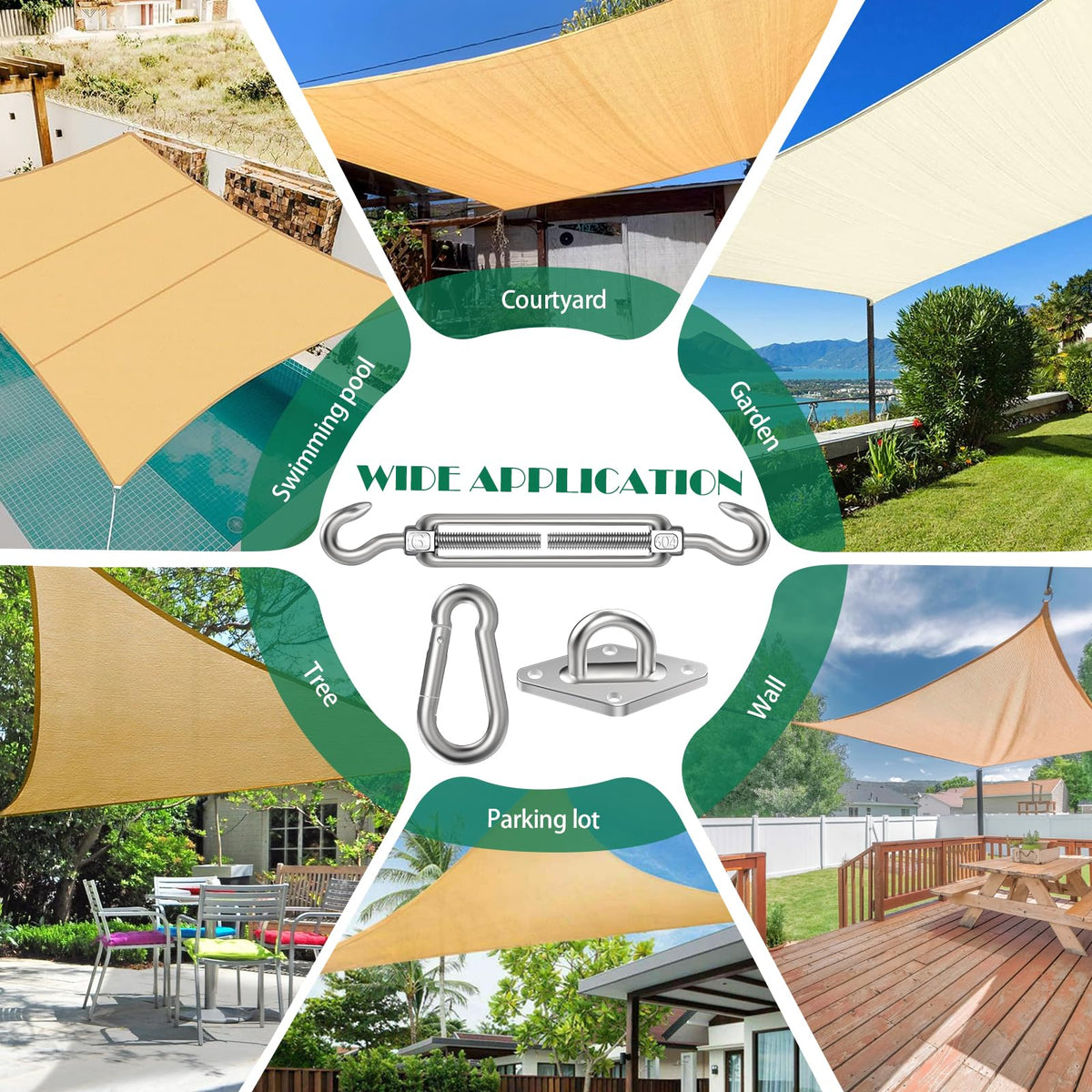Pynsseu hardware kit offers easy installation for triangle or rectangle shade sails.