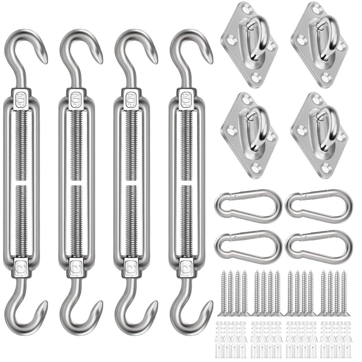 Pynsseu shade sail hardware kit with four turnbuckles enables precise tension for sails.