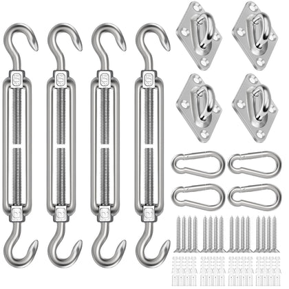 Pynsseu shade sail hardware kit with four turnbuckles enables precise tension for sails.