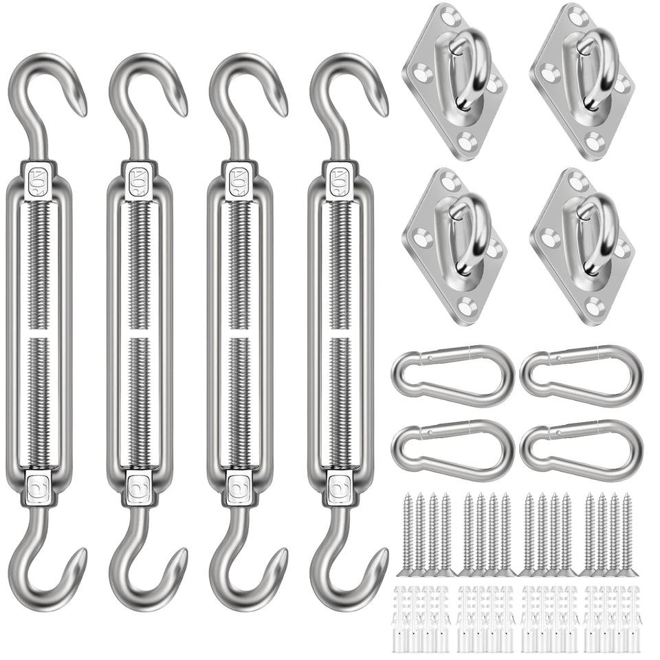 Pynsseu shade sail hardware kit with four turnbuckles enables precise tension for sails.