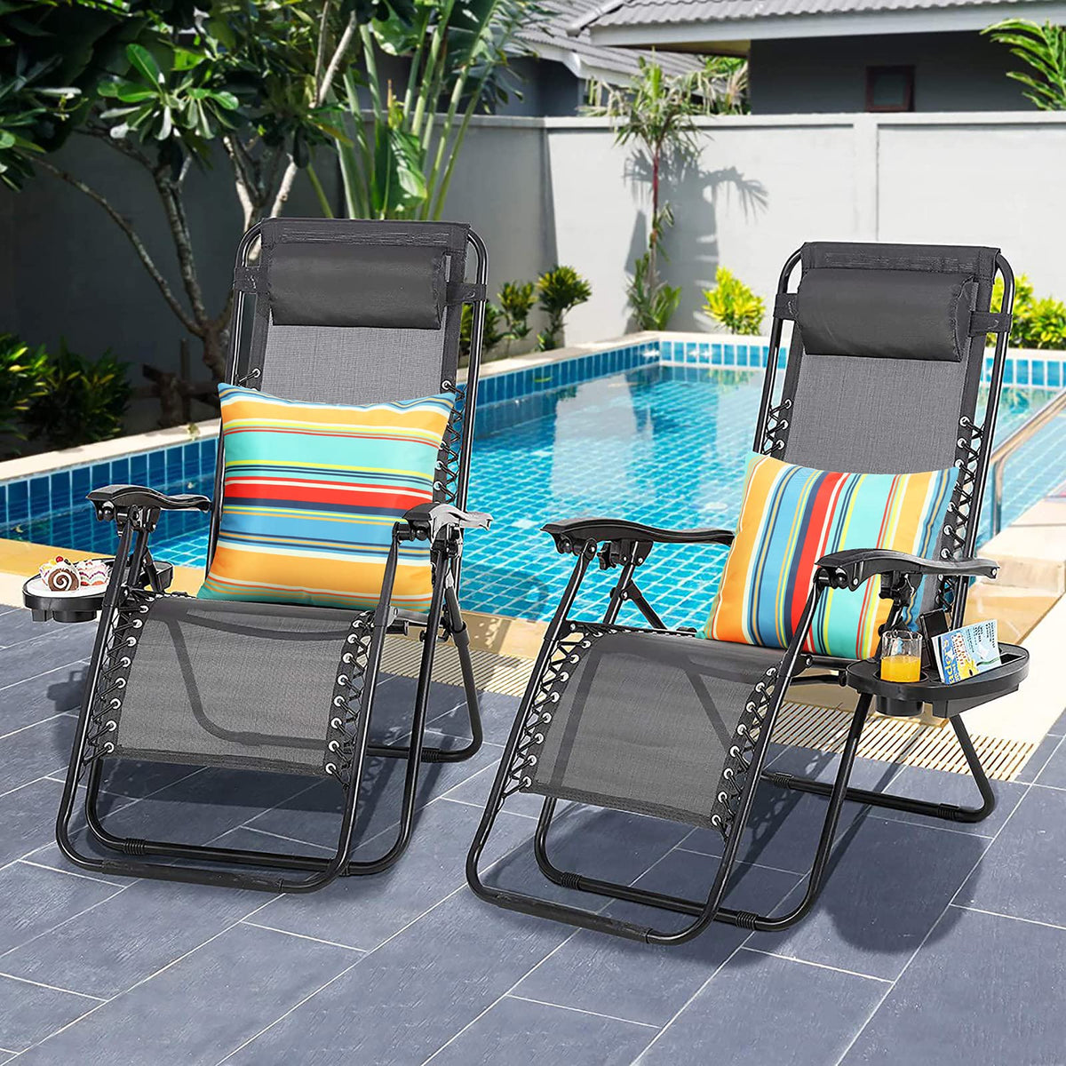 Pyonic blue striped pillow cover beside pool suggesting outdoor setup.