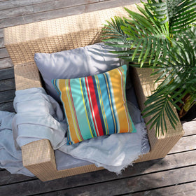 Pyonic invisible zipper detail on blue stripe pillow cover for a sleek look.