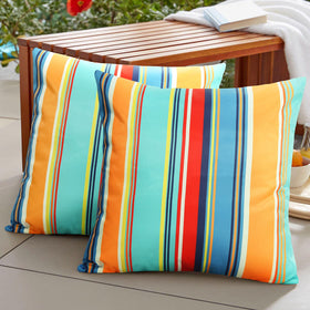 Pyonic outdoor pillow cover blue stripe close-up shows durable polyester fabric.