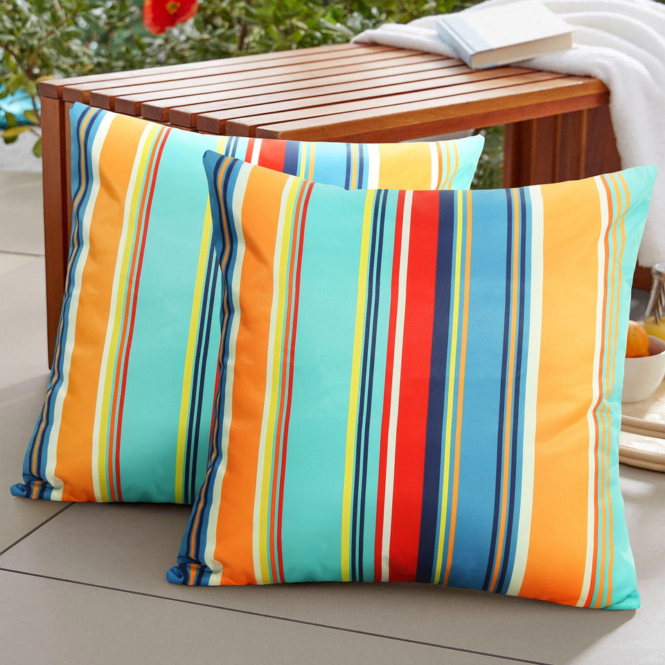 Pyonic outdoor pillow cover blue stripe close-up shows durable polyester fabric.