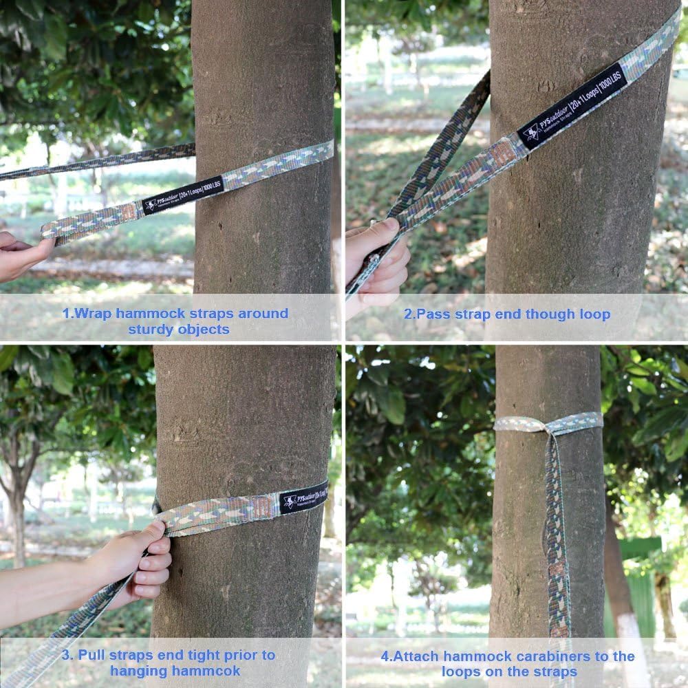 PYS straps with blue stitching highlighting durable webbing and tree-friendly grip.