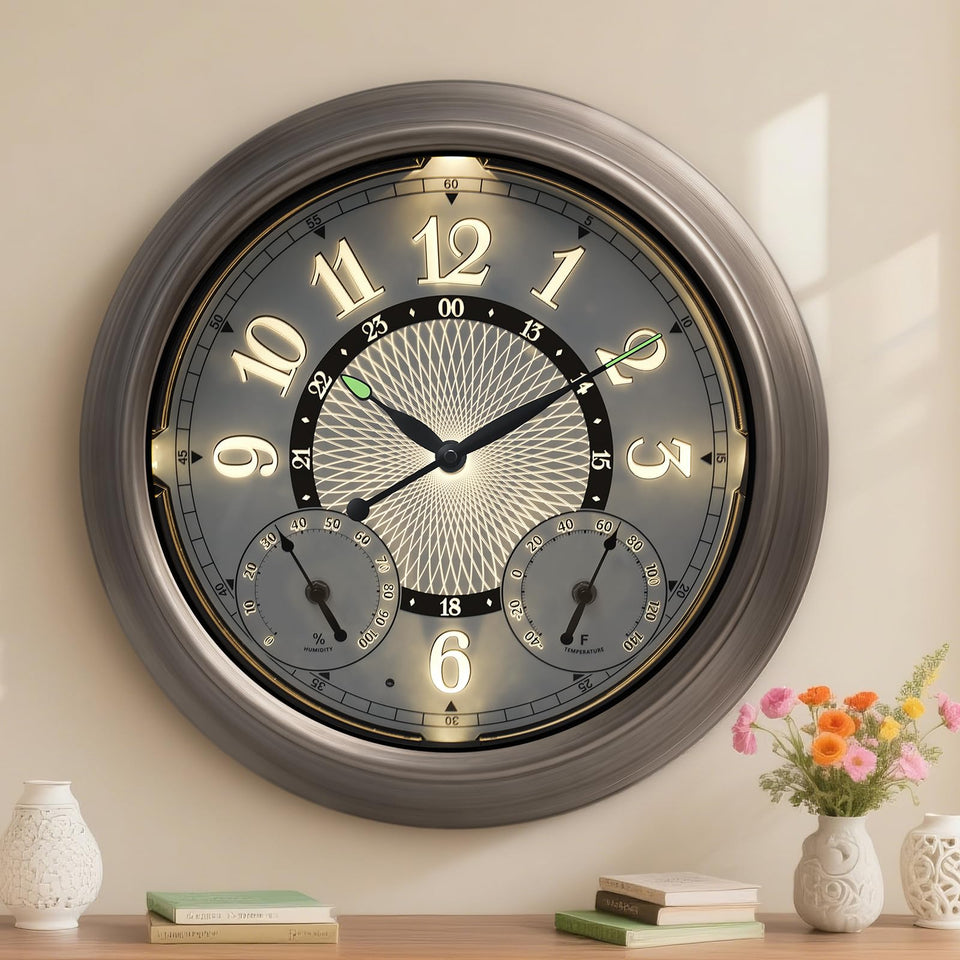 Pytha Sight illuminated 18-inch outdoor clock for clear nighttime viewing on patios.