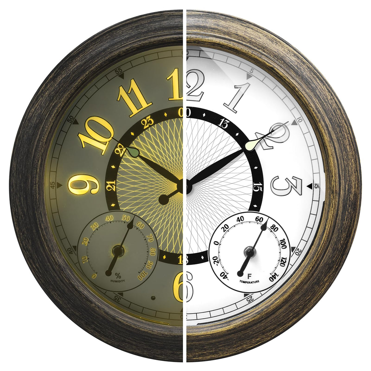 Pytha Sight 15 inch illuminated outdoor clock with clear numerals for easy yard viewing.