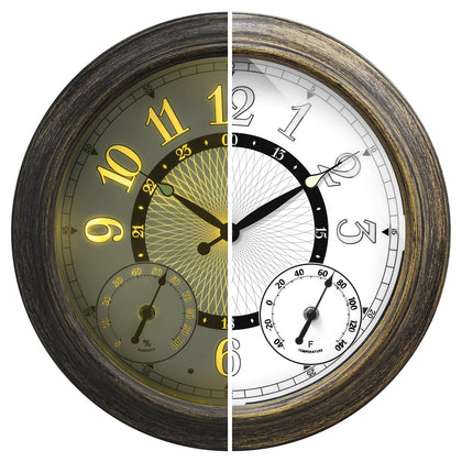 Pytha Sight 15 inch illuminated outdoor clock with clear numerals for easy yard viewing.