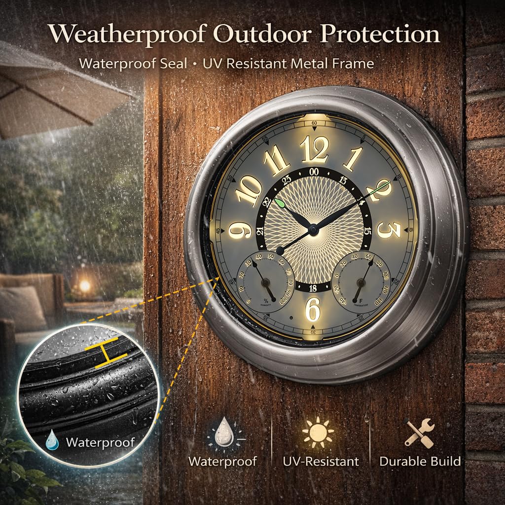 Pytha Sight outdoor clock rear view shows sealed construction for durability.