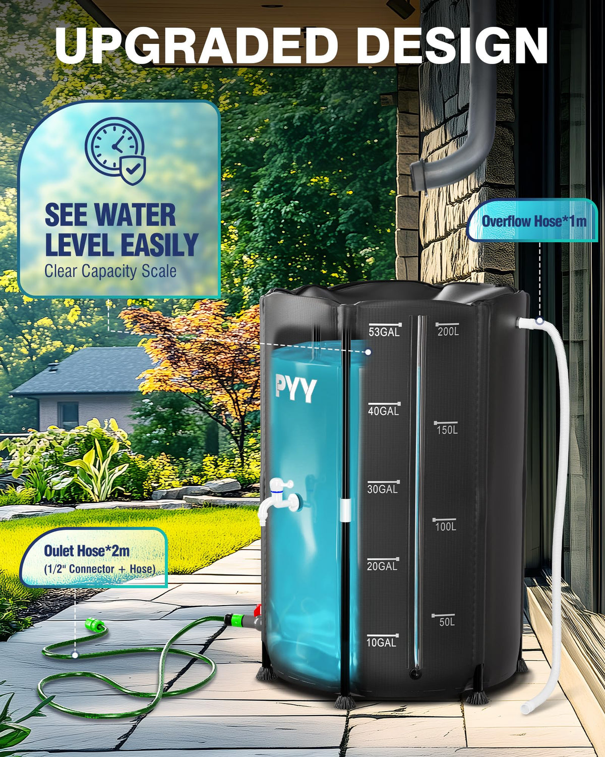 PYY 53-gallon rain barrel capacity ideal for garden watering and cleanup