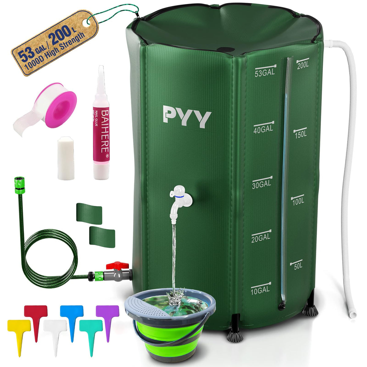 PYY Rain Barrel 53 Gallon Green front view with stable legs for water storage.