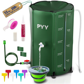PYY Rain Barrel 53 Gallon Green front view with stable legs for water storage.
