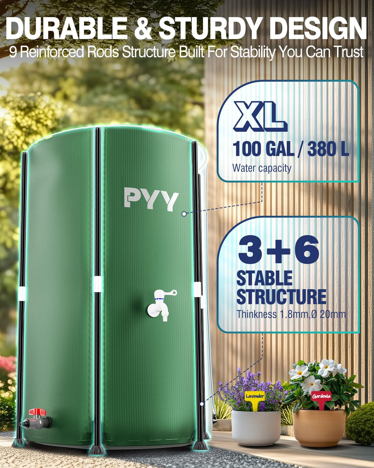 PYY rain barrel six sturdy legs for stability