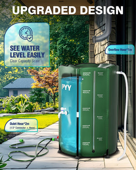 PYY Rain Barrel with hose setup for convenient irrigation and cleaning tasks.
