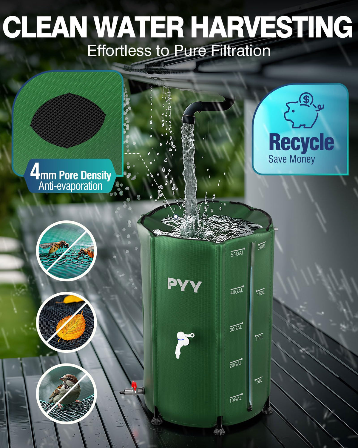 PYY top-filter mesh catches leaves for cleaner collected rainwater.