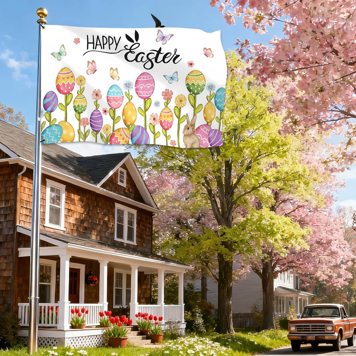 Pziauot double-sided Easter flag showcases colors from both sides for versatile decor.