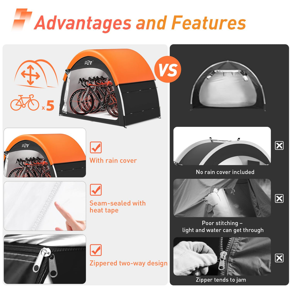 PZT bike shed two-way zipper design for wind and water protection.