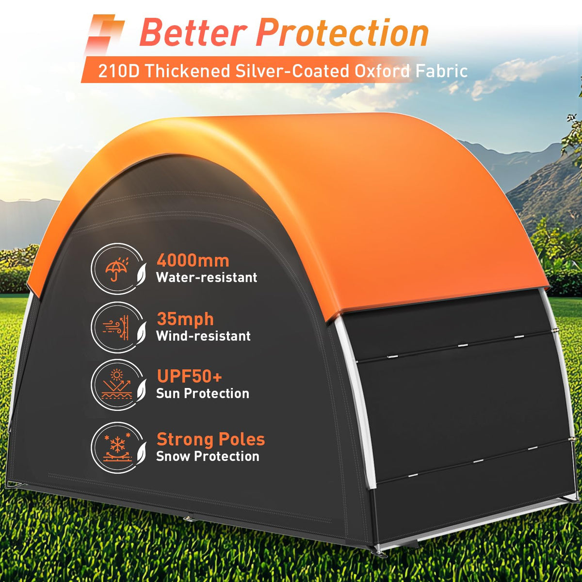 PZT bike shed with ground stakes and windproof ropes anchors securely.