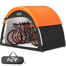 PZT Upgraded Bike Tent with Rain Cover shields bikes from rain and wind.