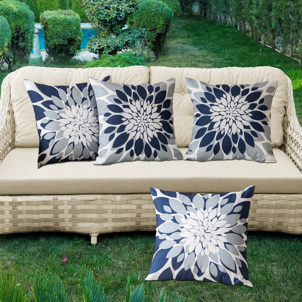 Qahing dahlia-design waterproof pillow cover adds garden charm.