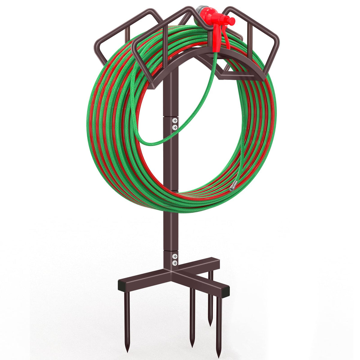 Qatsrin bronze hose holder, angled view, sturdy stand keeps hoses neatly organized outdoors