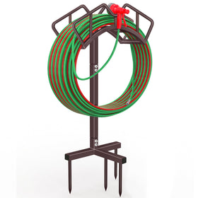 Qatsrin bronze hose holder, angled view, sturdy stand keeps hoses neatly organized outdoors