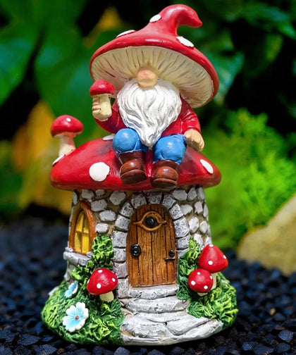 QCF Solar Mushroom Gnomes Houses front view LED garden statue for outdoor charm.