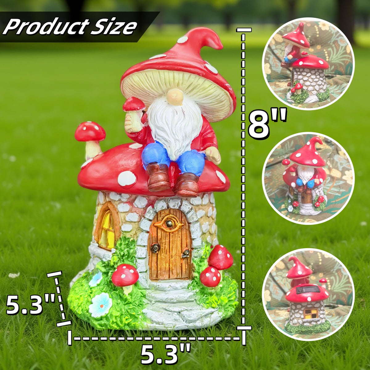 QCF Solar Mushroom Gnomes Houses sun-powered lighting for evenings.