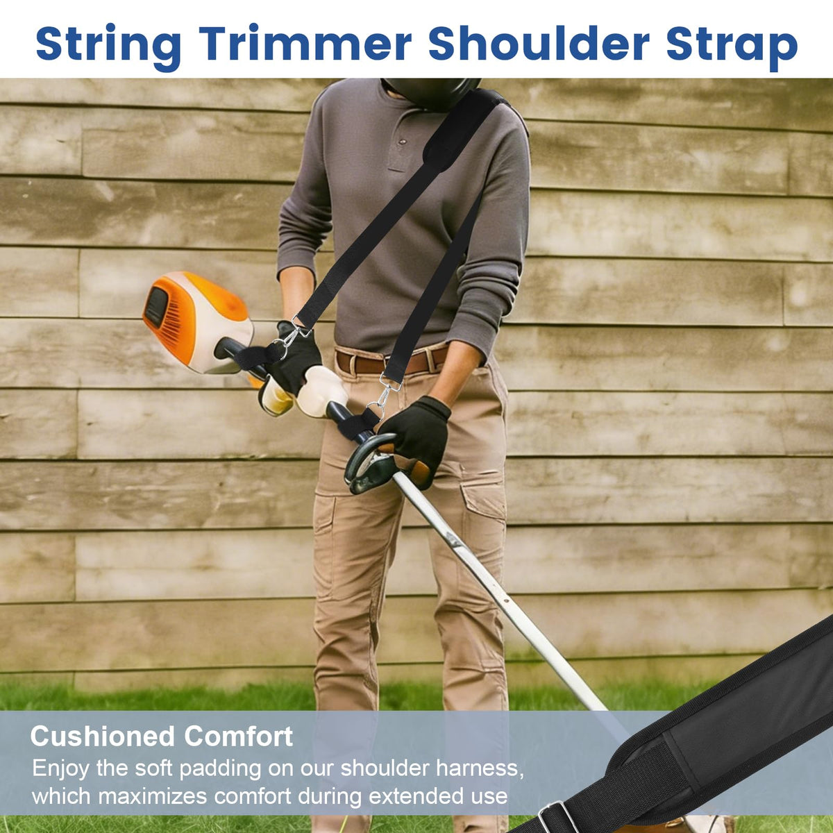 String trimmer mounting clip allows quick attachment and even weight distribution.
