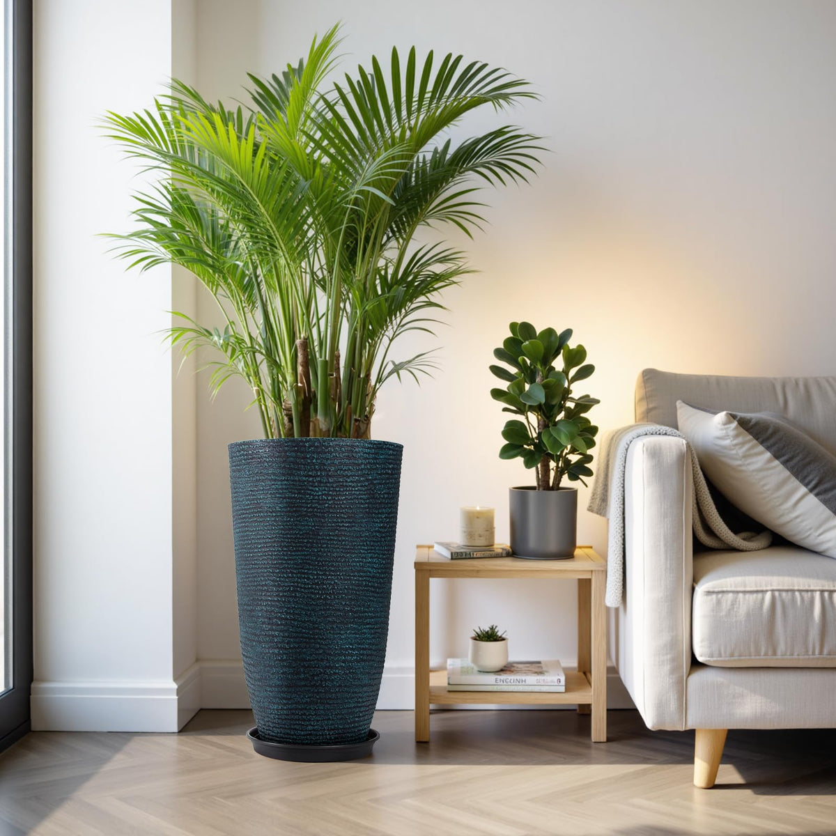 QCQHDU two-pack planter with trays protects floors from water.