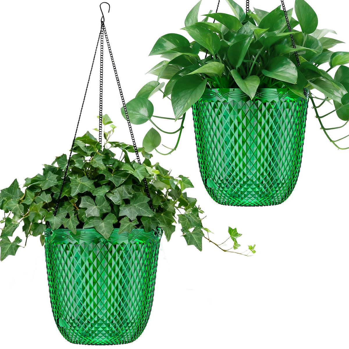 QCQHDU emerald self-watering hanging pot, 7.2-inch, keeps soil moist longer.