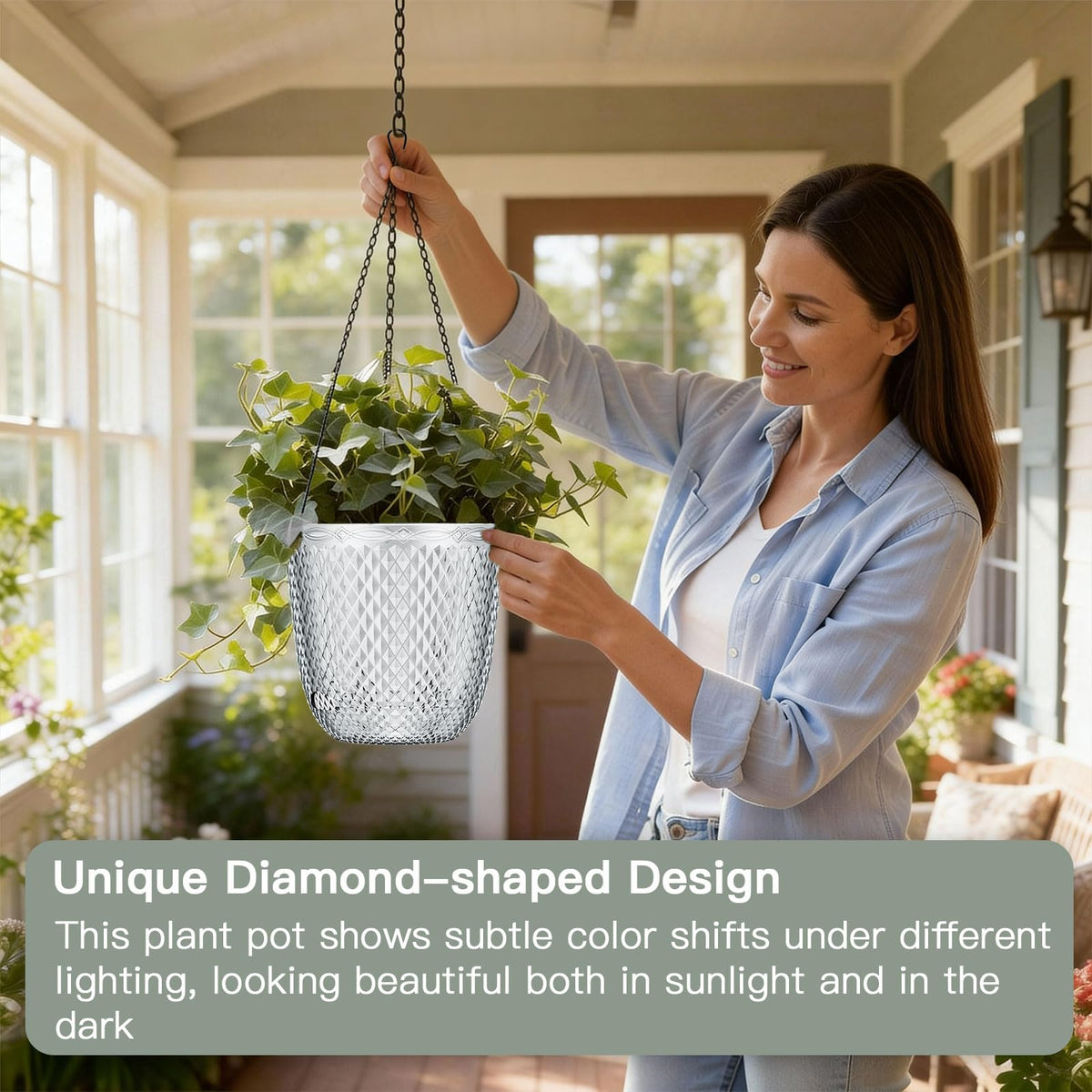QCQHDU hanging planter 7.2-inch clear side view highlights drainage and airflow