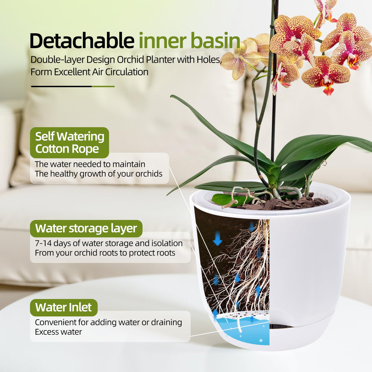 QCQHDU orchid pots with transparent inner pot for root observation.