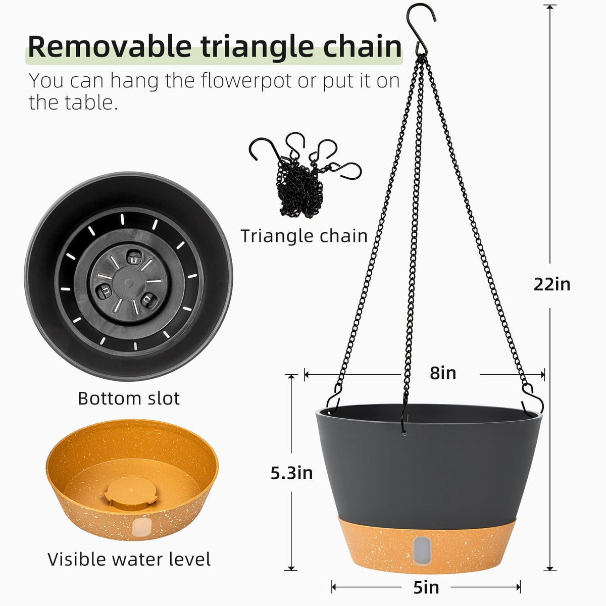QCQHDU self-watering hanging pot shows water level for easy plant care.